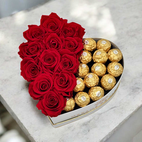 Small Heart Gift Box - Preserved Roses & Ferrero Combo - Madame De Fleur