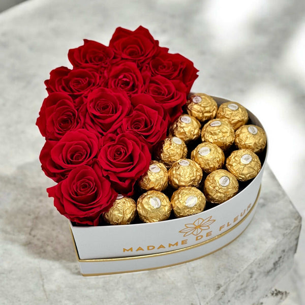 Small Heart Gift Box - Preserved Roses & Ferrero Combo - Madame De Fleur