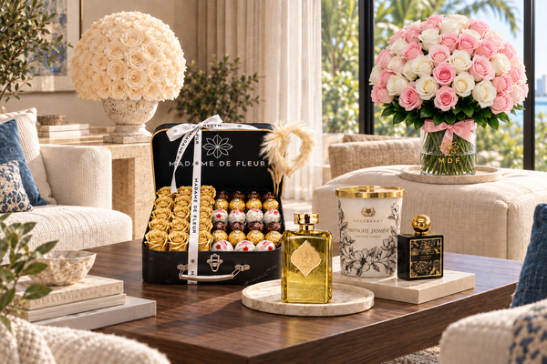 Madame De Fleur gifts with gold rose soaps and a white-and-pink 75-rose arrangement.