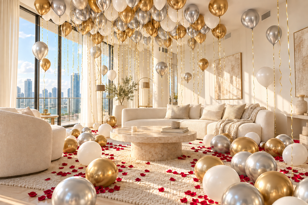 A celebration room styled with pink and gold balloons and rose petals.
