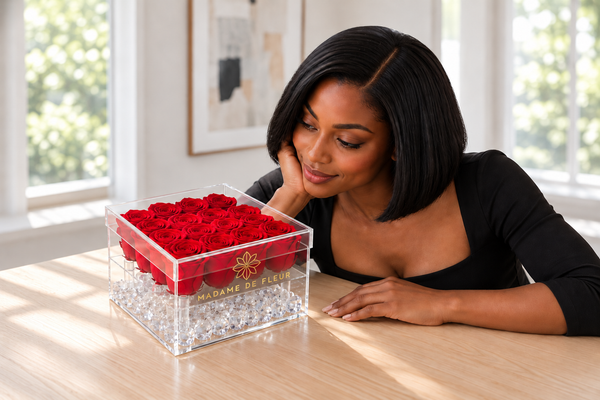 Real preserved roses displayed in a Madame De Fleur acrylic box.
