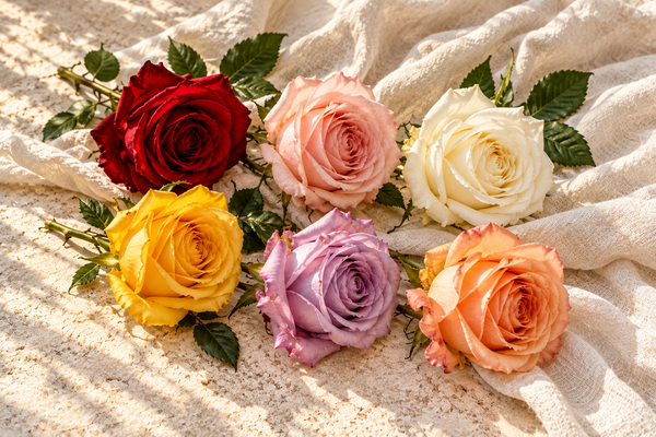 Roses in expressive red, pink, white, yellow, lavender and peach shades.