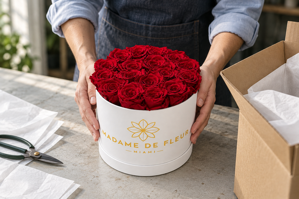 Illustration of hands preparing a Madame De Fleur rose arrangement with care.