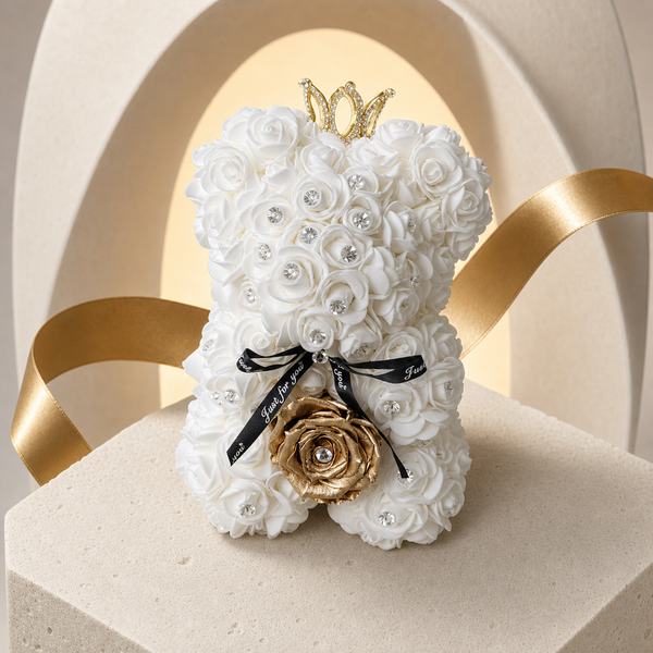 Small Luxury White Rose Bear with Diamonds/Pearls