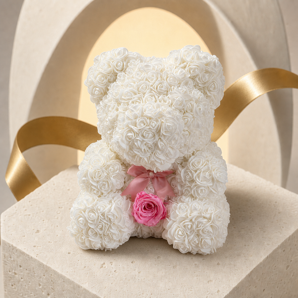 Medium White Rose Bear