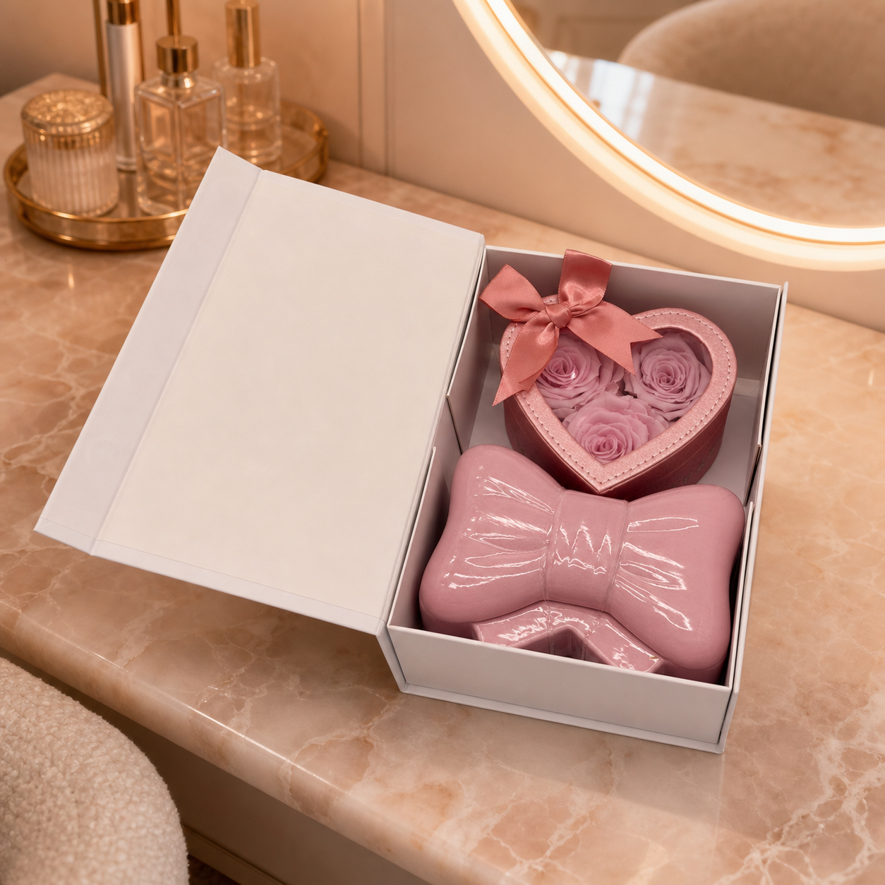 Blush & Glow - Pink Preserved Roses & Candle