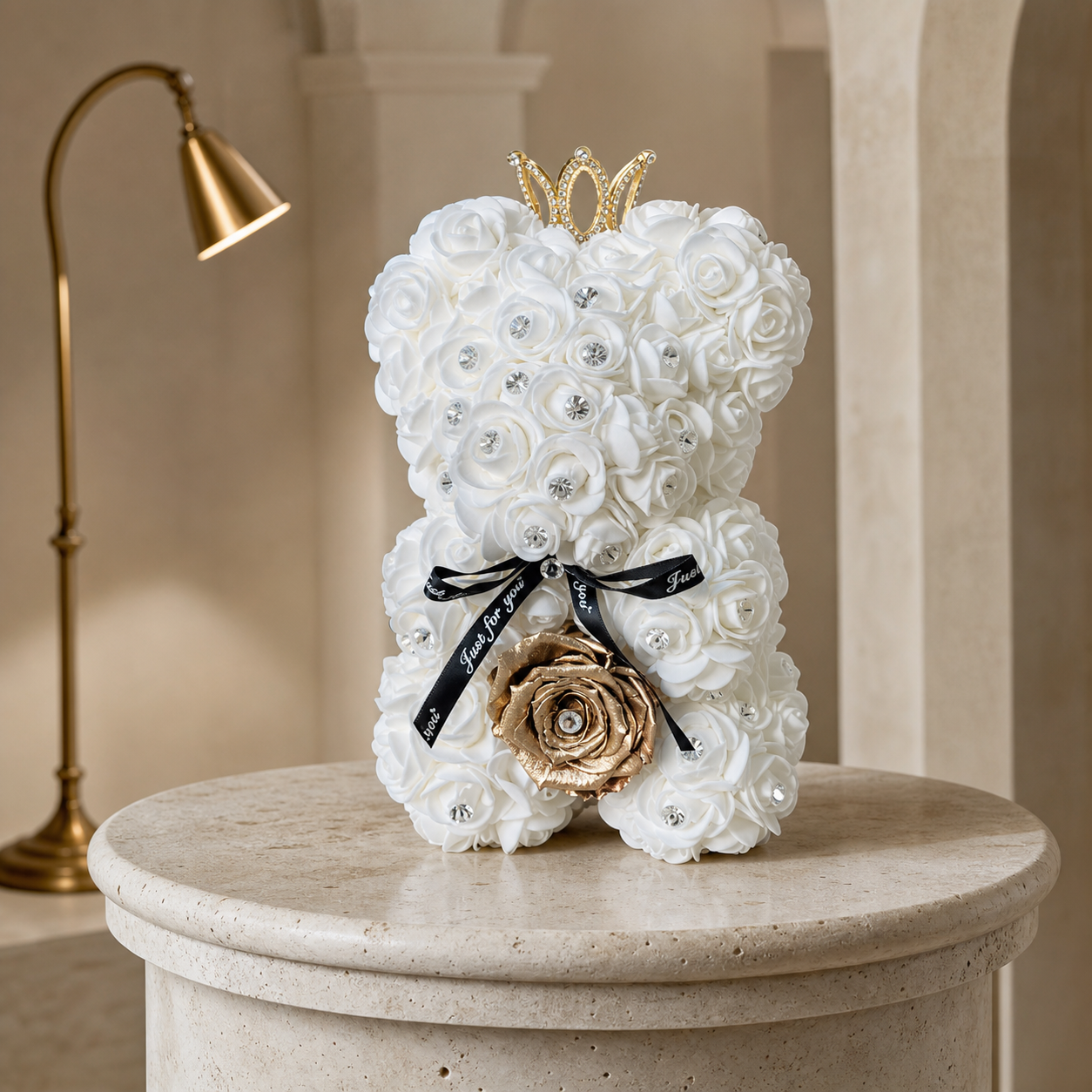 Small Luxury White Rose Bear with Diamonds/Pearls