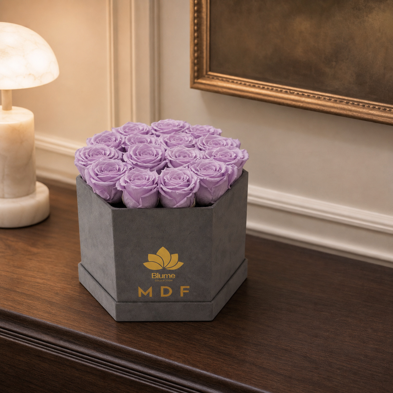 Medium Grey Suede Hexagon Box - Preserved Roses