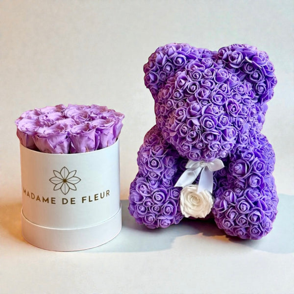 Luxe Trio – Rose Bear, Rose Box & Balloons - Madame De Fleur