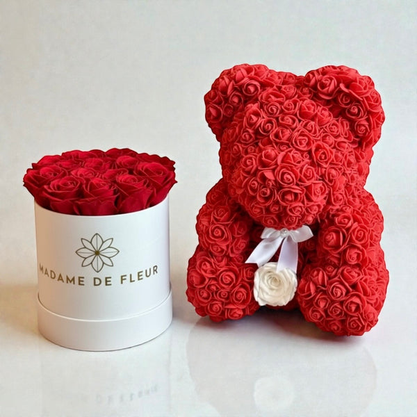 Luxe Trio – Rose Bear, Rose Box & Balloons - Madame De Fleur