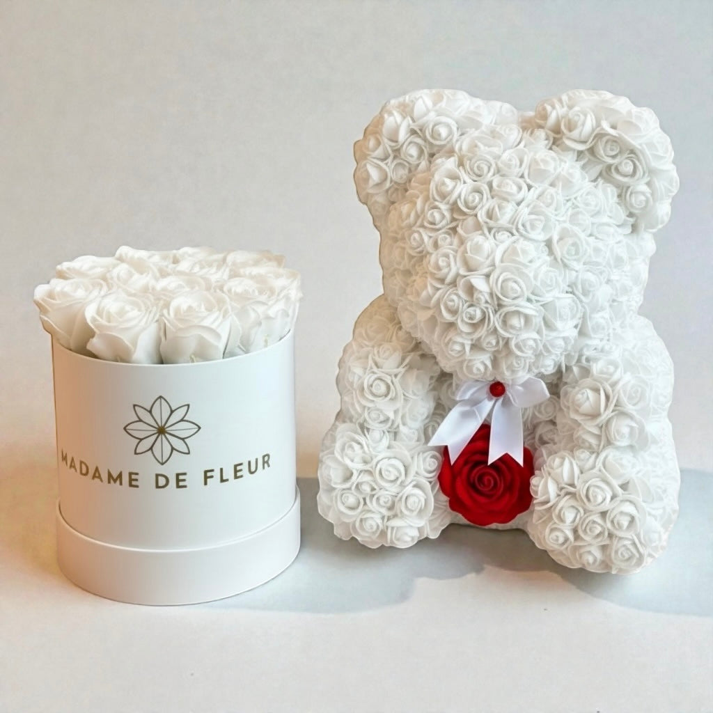 Luxe Trio – Rose Bear, Rose Box & Balloons - Madame De Fleur
