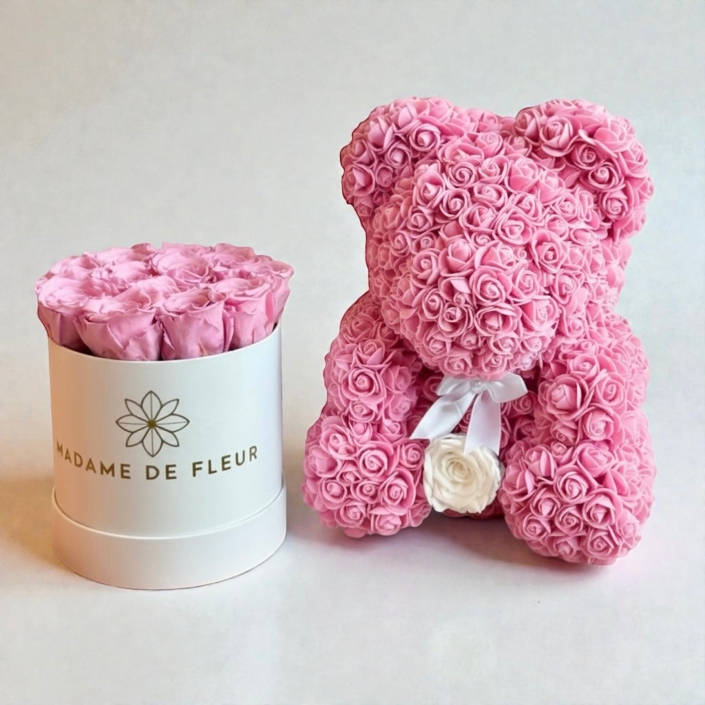 Luxe Trio – Rose Bear, Rose Box & Balloons - Madame De Fleur