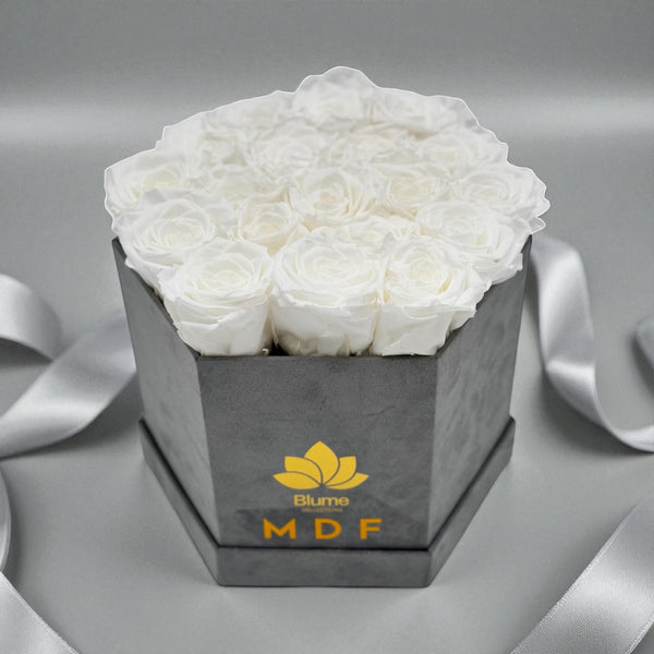 Medium Grey Suede Hexagon Box - Preserved Roses