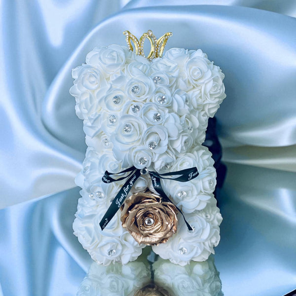 Small Luxury White Rose Bear with Diamonds/Pearls - Madame De Fleur