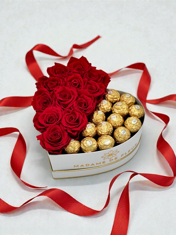 Small Heart Gift Box - Preserved Roses & Ferrero Combo