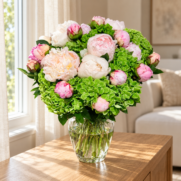 Blushing Embrace peonies and hydrangeas in a glass vase by a sunlit window — approved lifestyle photo