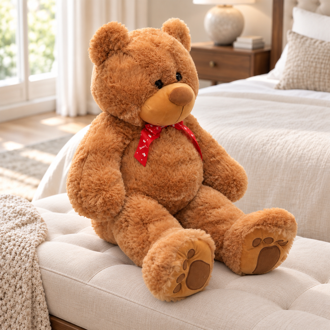 Large caramel plush teddy bear styled in a bedroom