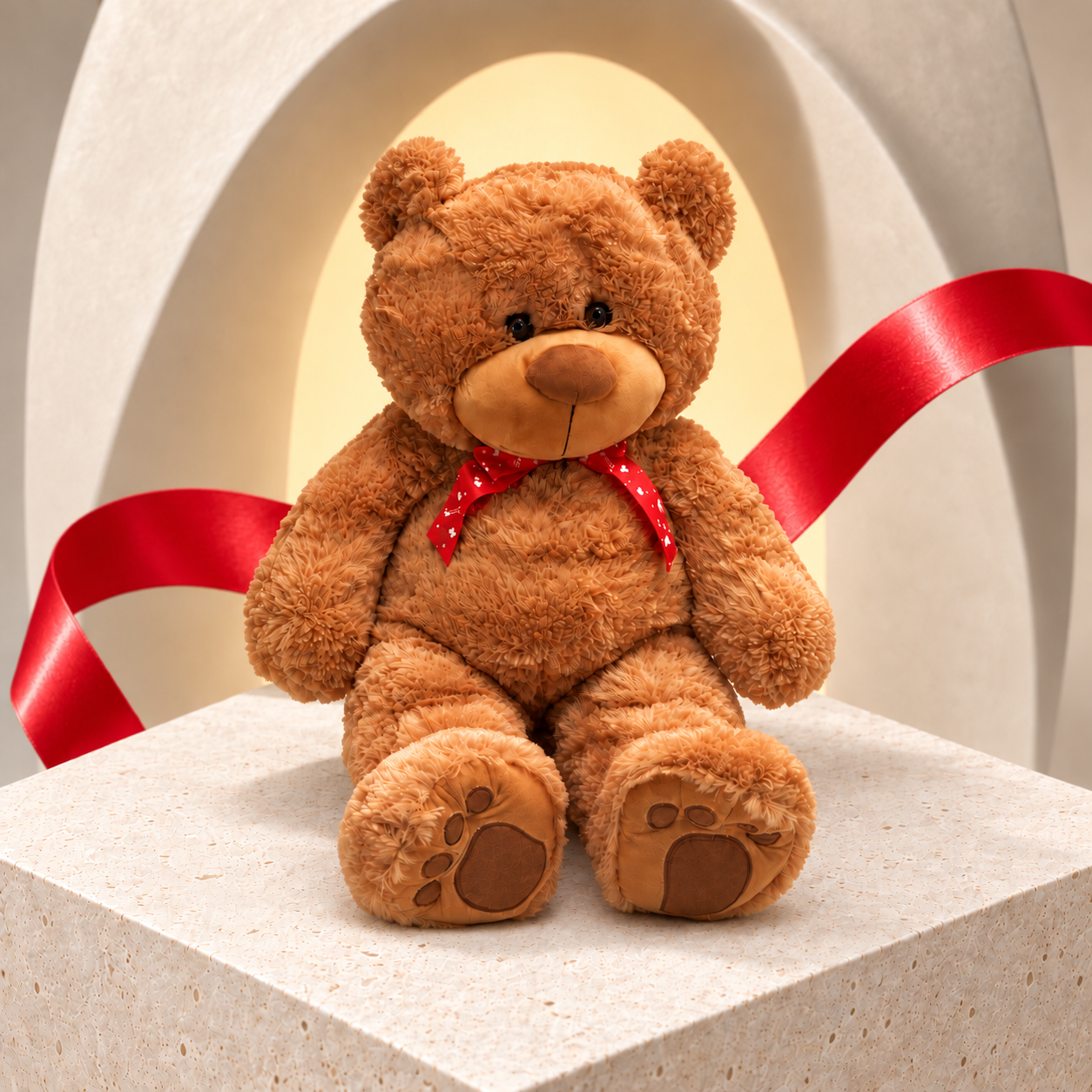 Large caramel plush teddy bear with red heart-pattern ribbon, main view