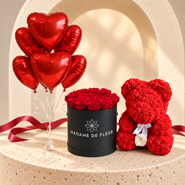 Red Luxe Trio with rose bear, matching round rose box and six red heart balloons — approved main photo