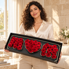 Model holding MOM box with red preserved roses