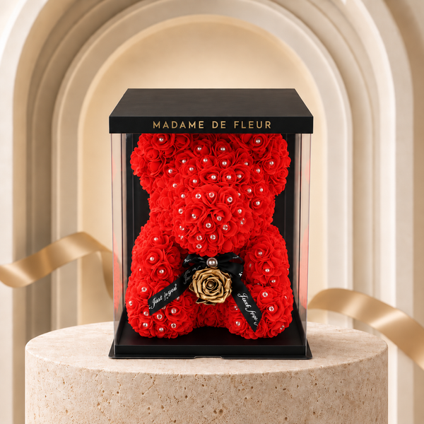 Medium Luxury Red Rose Bear with rhinestones and gold chest rose in a clear case with gold MADAME DE FLEUR logo