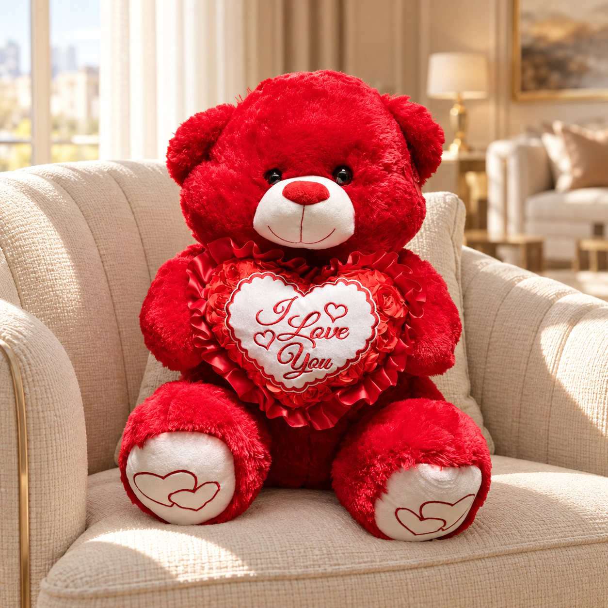 Large red I Love You teddy bear, lifestyle view