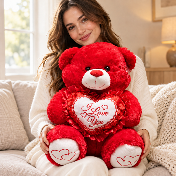 Large red I Love You teddy bear, model view