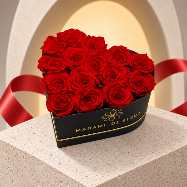 Small black heart box with red preserved roses, main view
