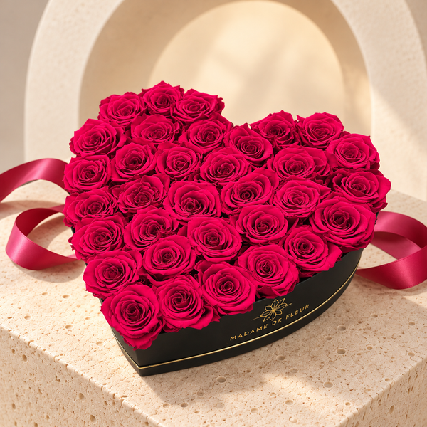 XL black heart box with fuchsia preserved roses and satin ribbon, main view