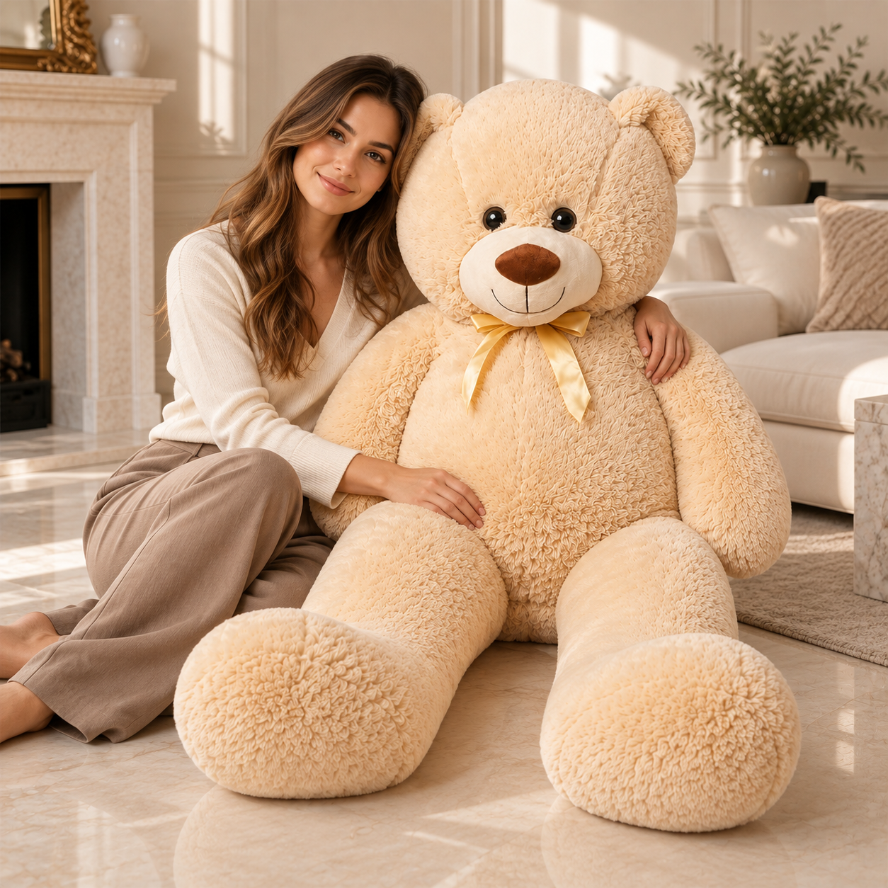 Model sitting beside the 50-inch XL Plush Bear — approved model photo