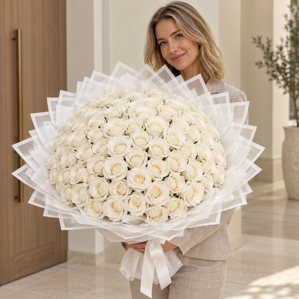 Madame de Fleur 100 Fresh Roses Hand-Tied Bouquet — model photo