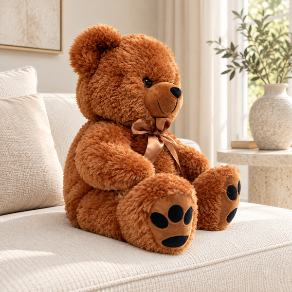 Medium caramel plush teddy bear — lifestyle view