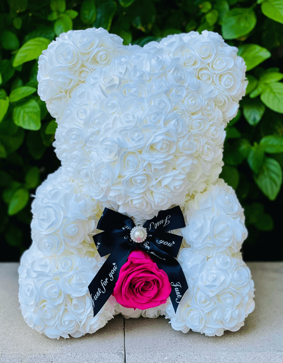 Medium White Rose Bear