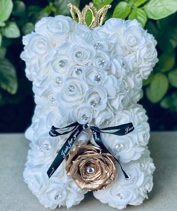 Small Luxury White Rose Bear with Diamonds Pearls