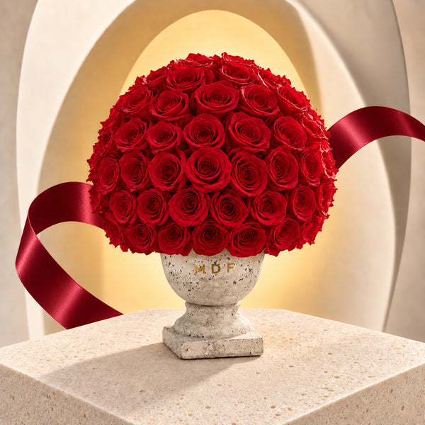 Doric Dome Vase with red preserved roses, dark red ribbon and natural petal texture