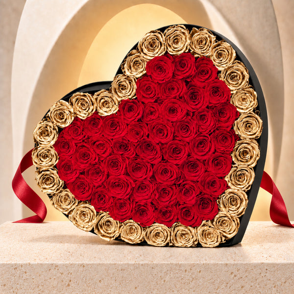 Grand heart preserved rose box with red roses and gold rose border