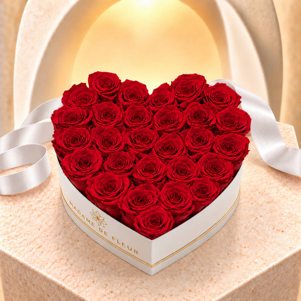 Large white heart box with red preserved roses and white ribbon, main view