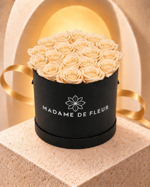 Medium Black Round Box with ivory preserved roses against a warm arch backdrop