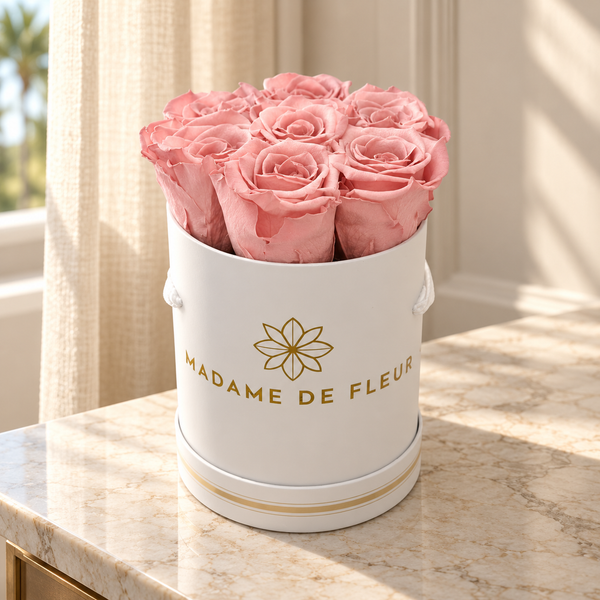 XS white round rose box — lifestyle blush view