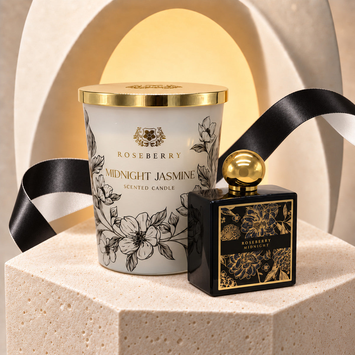 Midnight Bloom Home Fragrance Set with XL Roseberry Midnight Jasmine candle and Roseberry Midnight bottle, styled with black-and-white ribbon