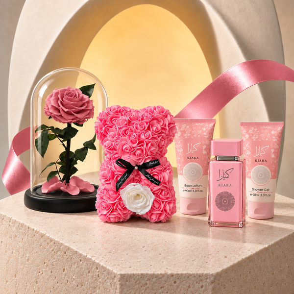 MUSE No. 01 La Rosée bundle with a pink rose bear, Blush Petals gift set and preserved pink rose under glass.