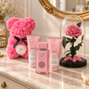 La Rosée pink rose and fragrance gift bundle arranged in a lifestyle setting.