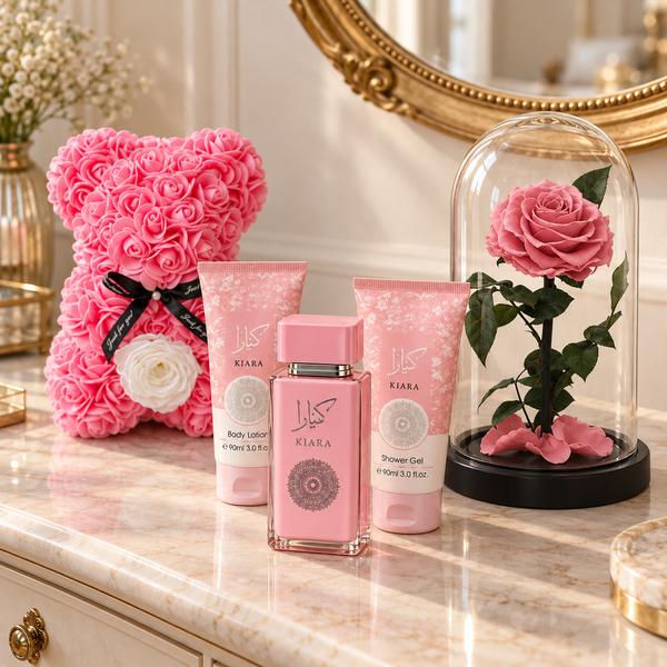 La Rosée pink rose and fragrance gift bundle arranged in a lifestyle setting.