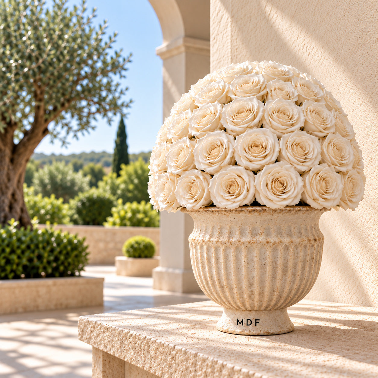 Sandora cream fluted urn with ivory preserved roses on a sunlit terrace