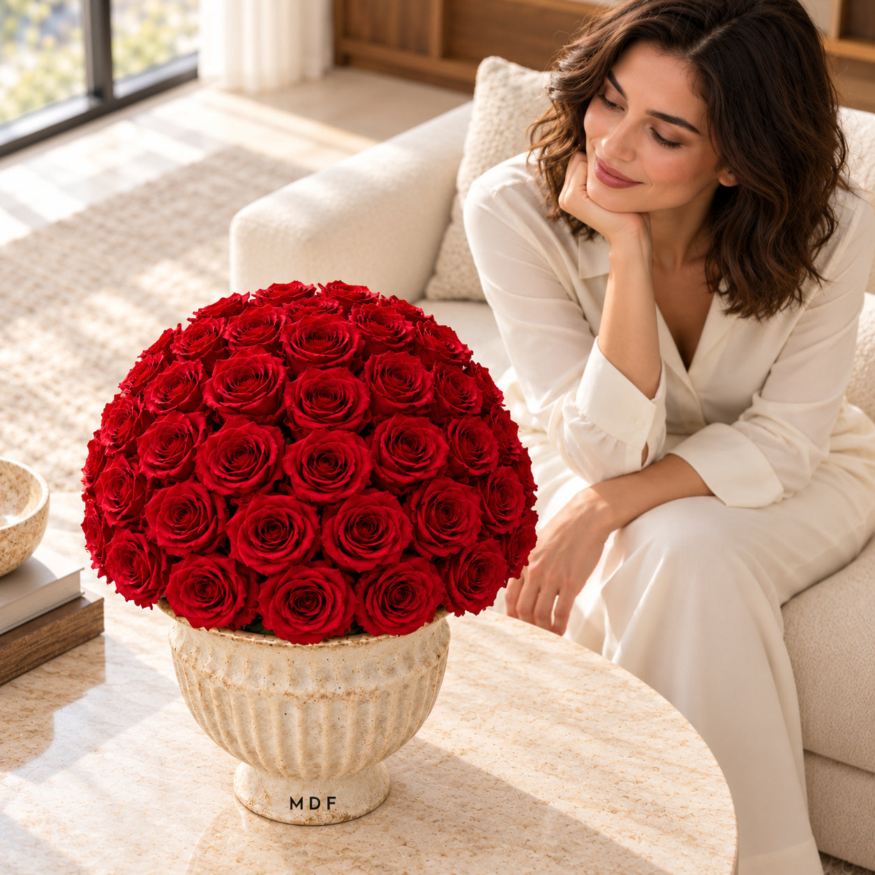 Sandora cream fluted urn with red preserved roses beside a seated woman