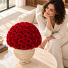 Sandora cream fluted urn with red preserved roses beside a seated woman